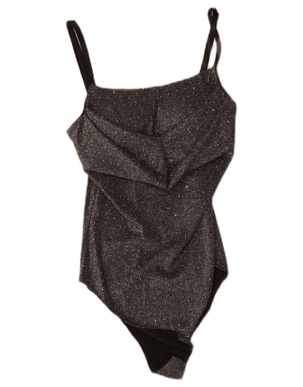Body de damă vintage fără mâneci UK 8 mic poliester negru cu pete
