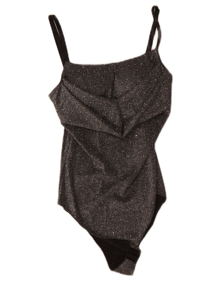 Body de damă vintage fără mâneci UK 8 mic poliester negru cu pete