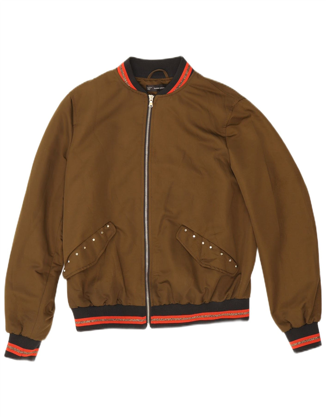 Jachetă Bomber cu grafică Zara pentru femei UK 14 Medium Khaki Striped