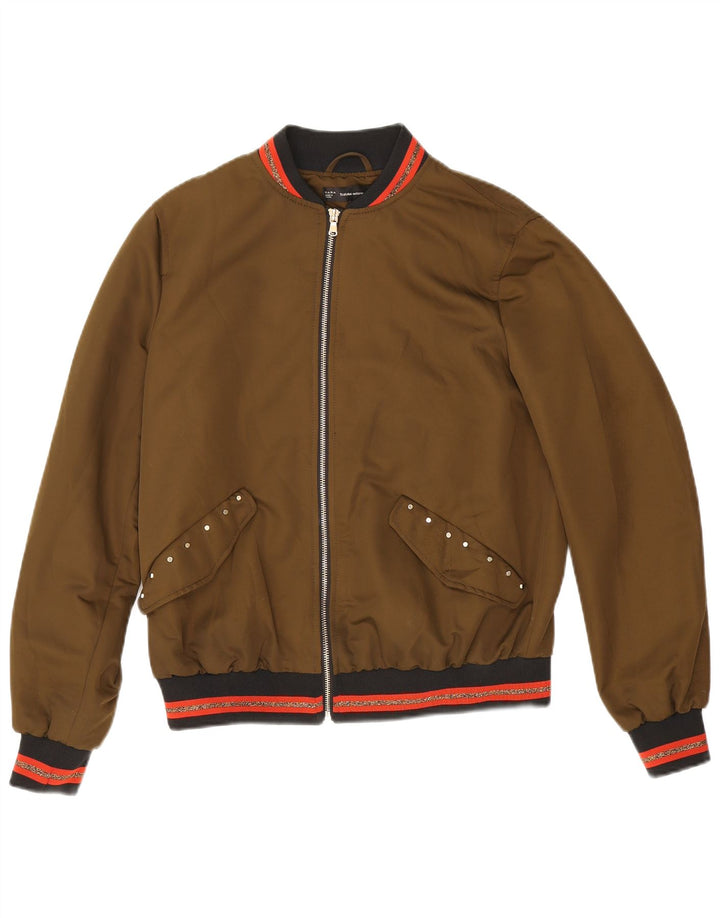 Jachetă Bomber cu grafică Zara pentru femei UK 14 Medium Khaki Striped