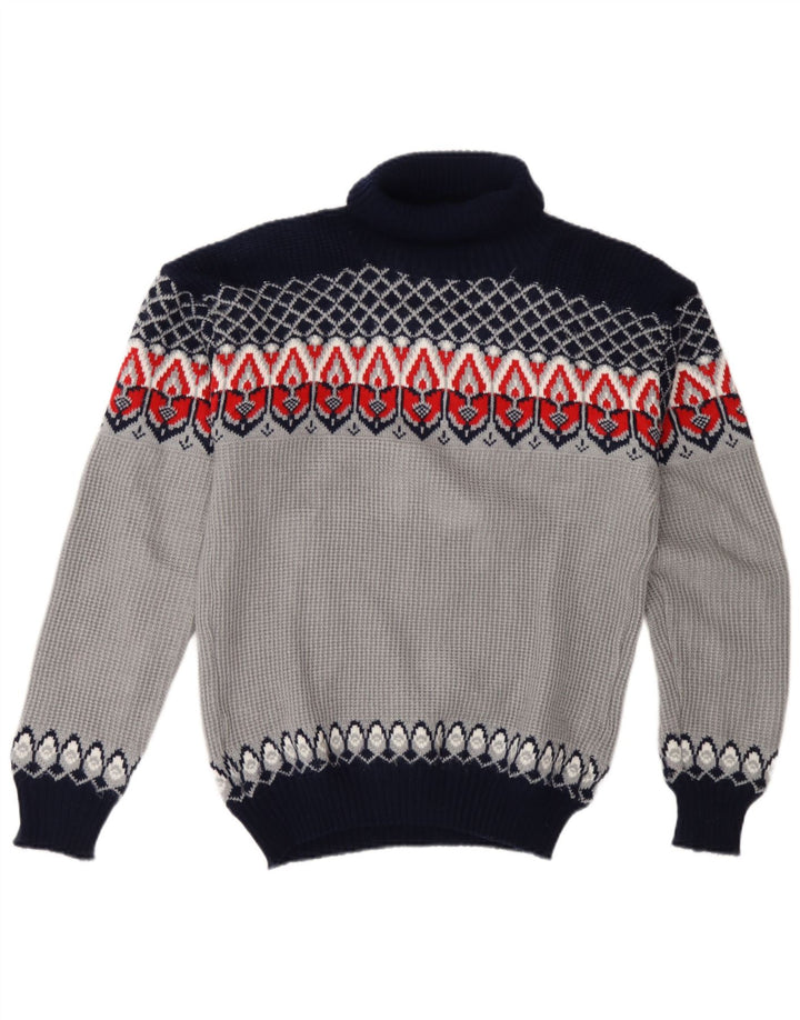 Pulover vintage pentru bărbați cu gât rulat, albastru mediu, acrilic Fair Isle