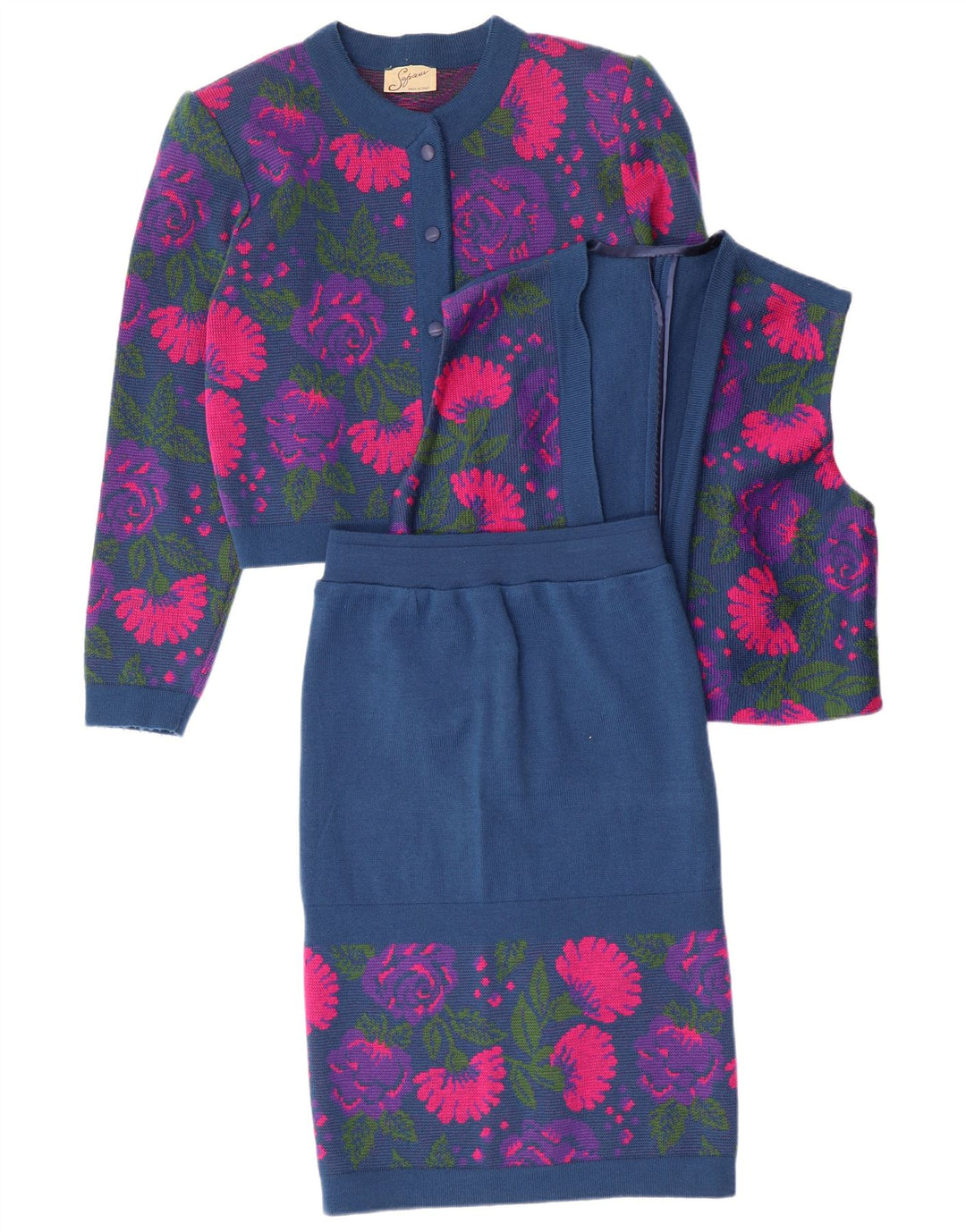 Set 3 piese pentru femei VINTAGE IT 46 mare W26 Lână virgină cu flori, albastru marin