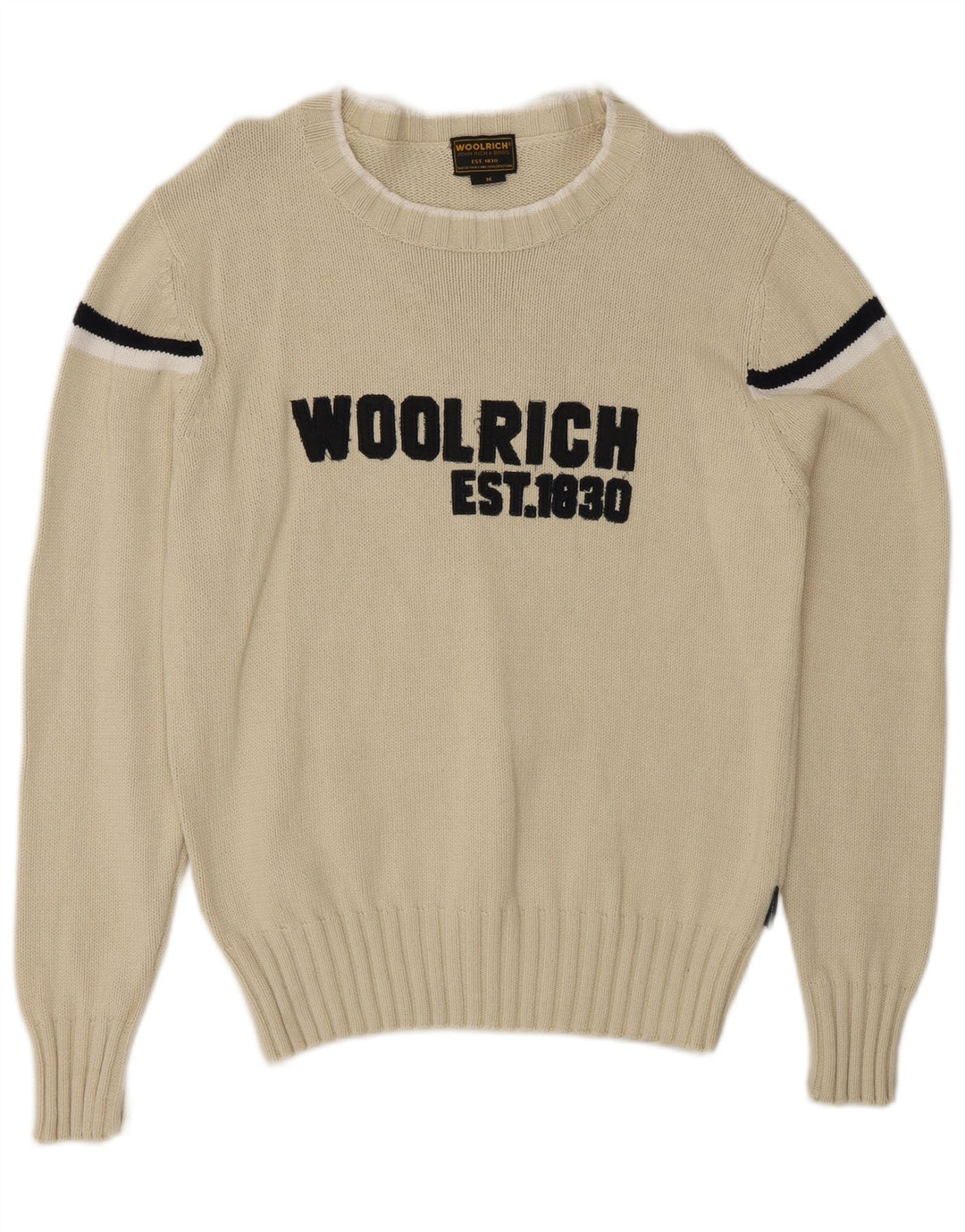 Pulover Woolrich pentru bărbați, cu grafică, cu gât de barcă, în dungi alb mediu
