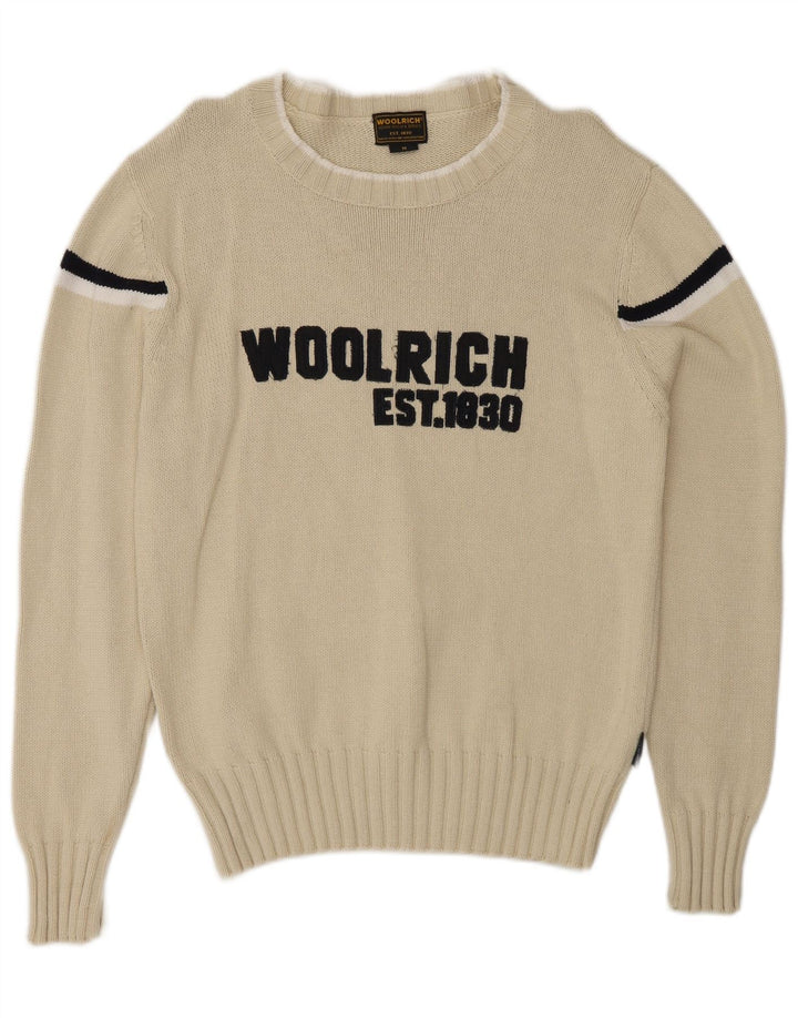 Pulover Woolrich pentru bărbați, cu grafică, cu gât de barcă, în dungi alb mediu