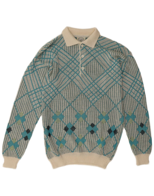 Pulover vintage pentru bărbați cu gât polo, albastru mediu geometric