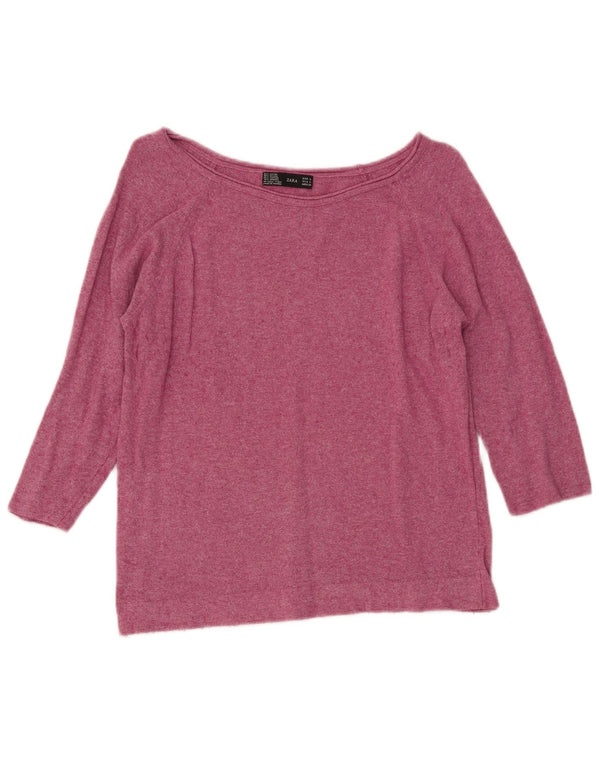 ZARA Womens 3/4 Sleeve Boat Neck Jumper Sweater UK 14 Large Pink Rayon