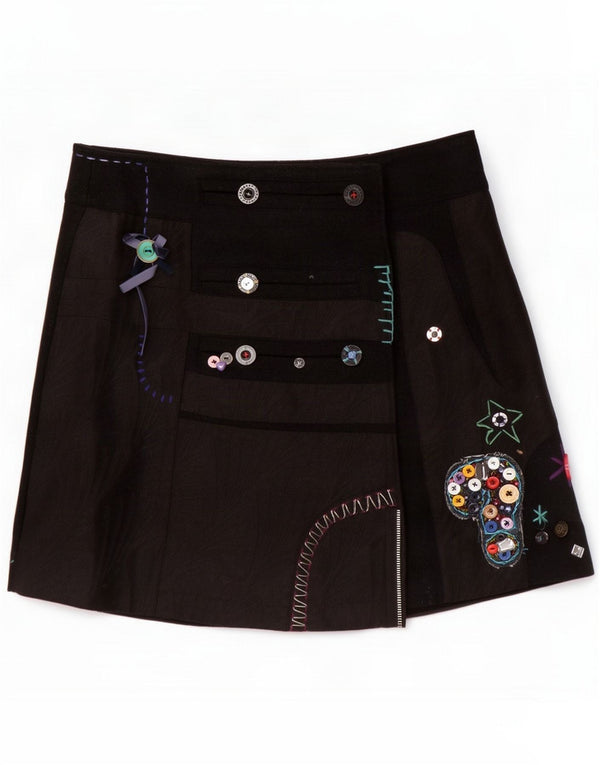 Desigual Womens Graphic Mini Wrap Fusta EU 40 Medium W32 Black Viscose