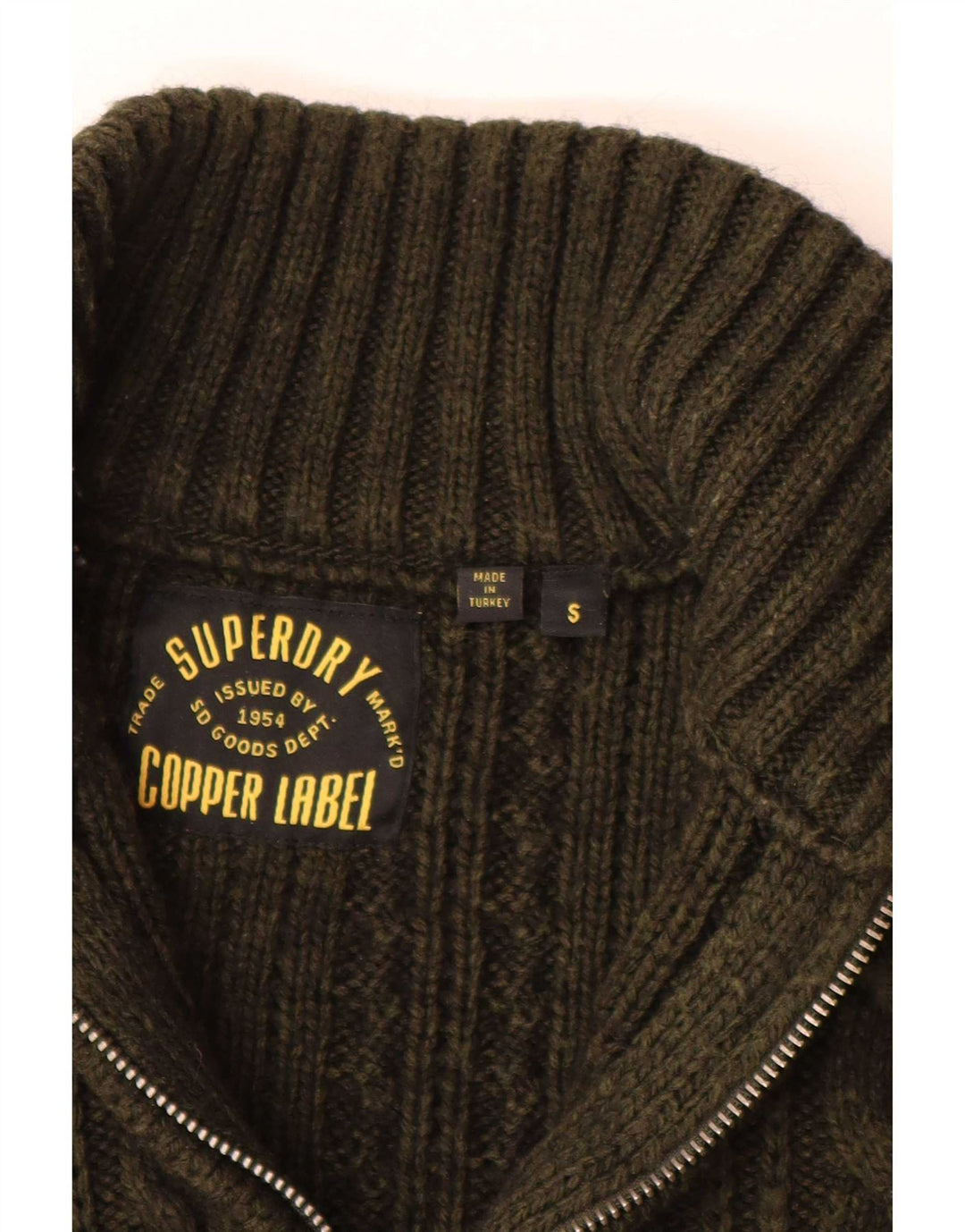 Pulover Superdry pentru bărbați, cu fermoar și gât, lână kaki mică