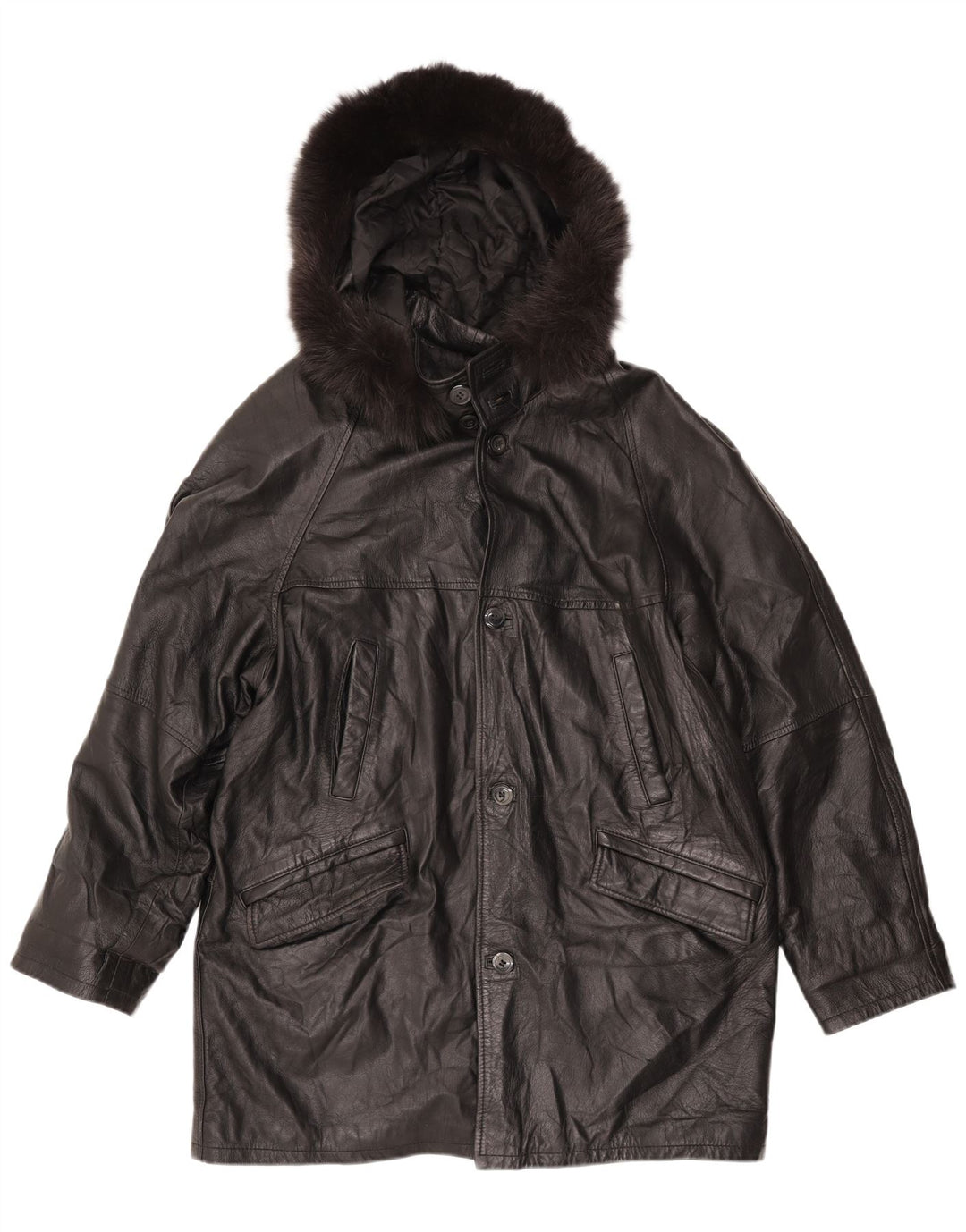 Palton de piele vintage pentru femei, cu glugă, cu glugă, UK 18 XL, piele neagră