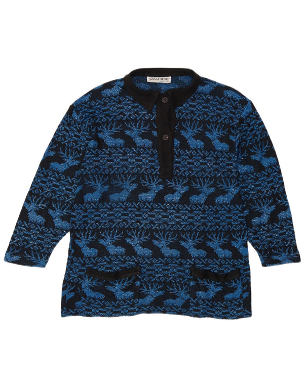 Pulover vintage cu gât polo pentru femei UK 14 Fair Isle, albastru mare, mare