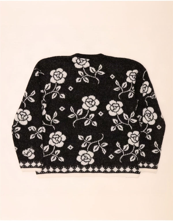 Pulover vintage pentru femei cu gâtul turnat UK 20 2XL Negru Floral