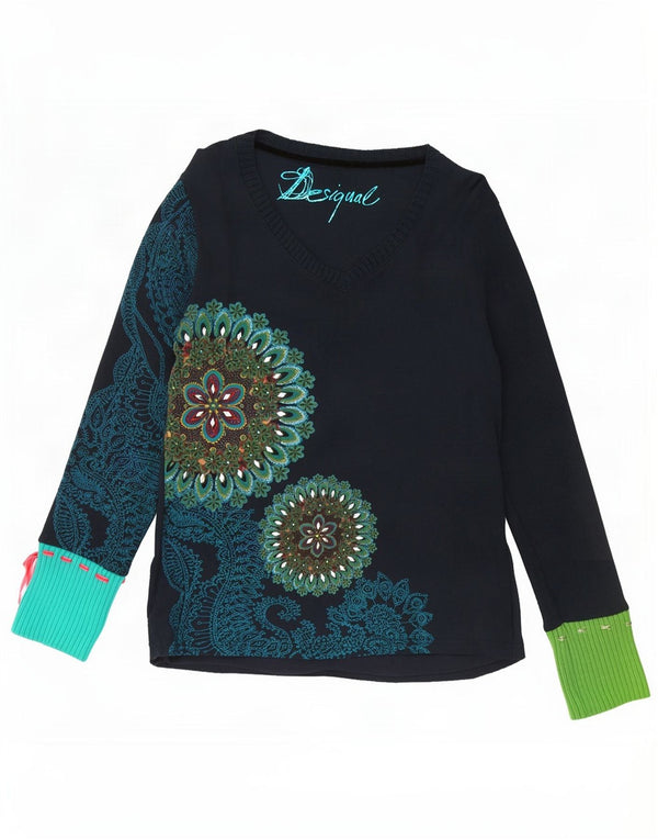 Top grafic pentru femei Desigual cu mânecă lungă UK 18 XL, bumbac floral, albastru bleumarin