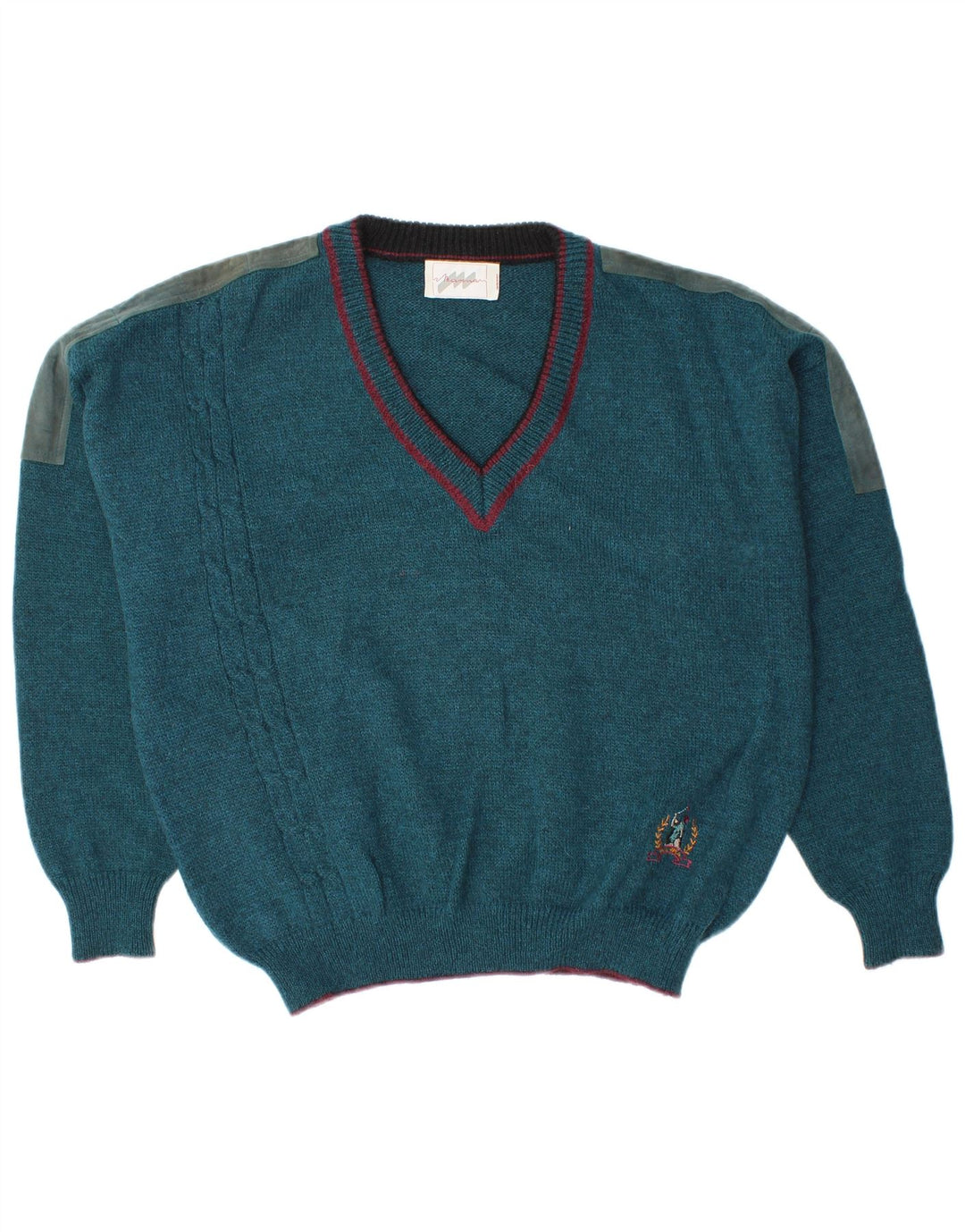 Pulover vintage pentru bărbați cu decolteu în V, mare, albastru, lână color bloc