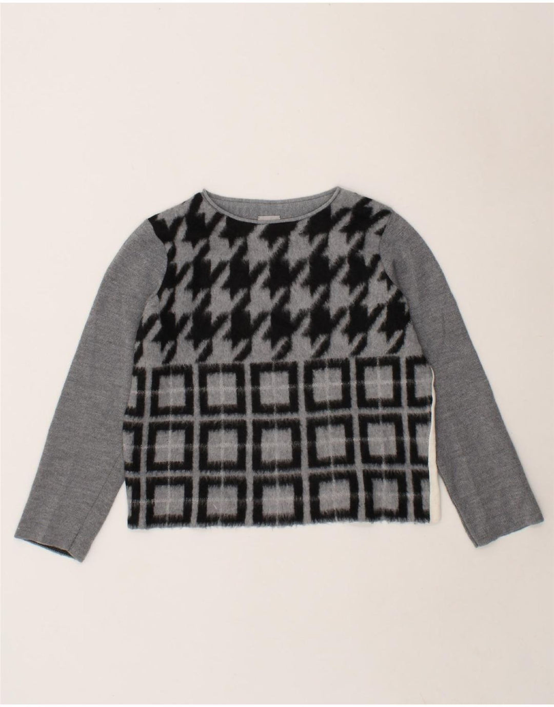 MARELLA Womens Crop Boat Neck Jumper Sweater UK 12 Medium Grey Houndstooth Vintage Marella and Second-Hand Marella from Messina Hembry 