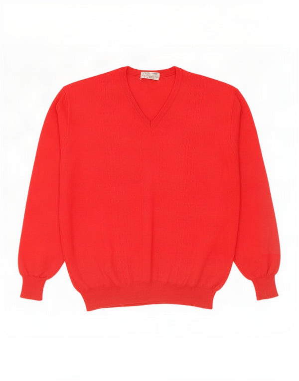 Pulover vintage pentru bărbați cu decolteu în V, lână virgină mare, roșie