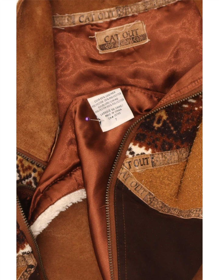 Gilet din piele intoarsa pentru femei vintage UK 14 maro mediu din piele geometrica