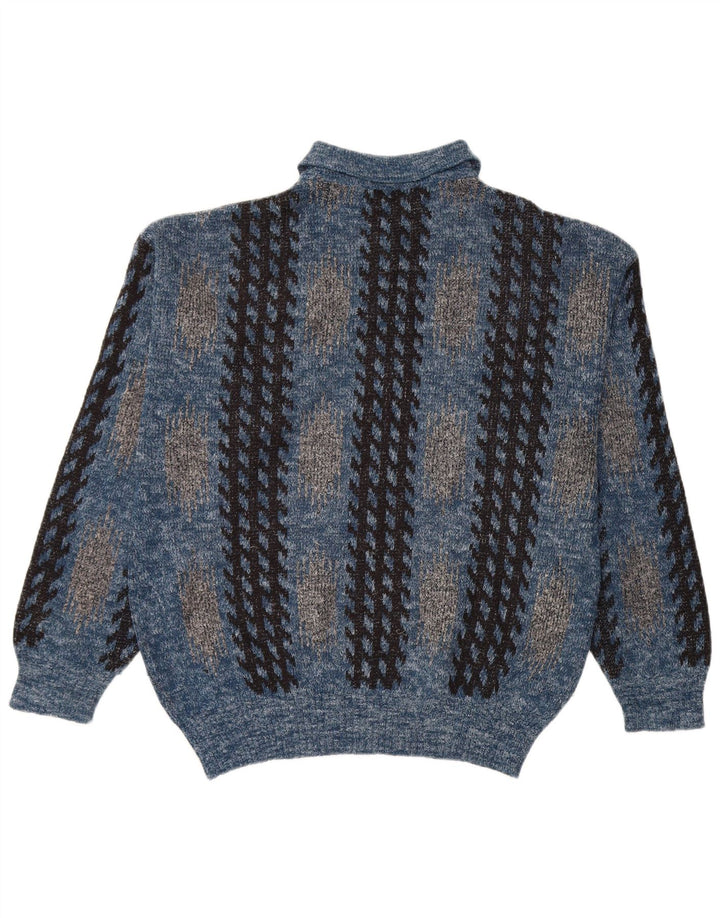 Pulover vintage pentru bărbați cu gât polo, albastru mediu geometric