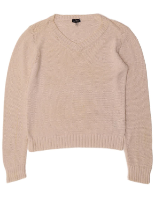 ARMANI JEANS Pulover cu decolteu în V pentru femei UK 16 Bumbac alb mare