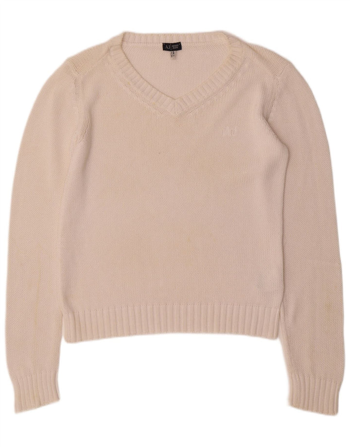 ARMANI JEANS Pulover cu decolteu în V pentru femei UK 16 Bumbac alb mare