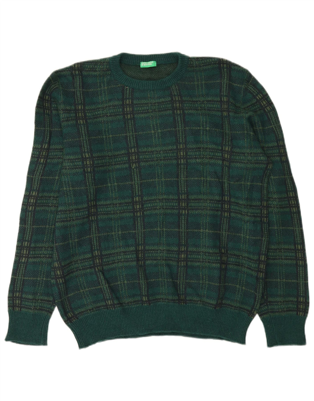 Pulover Benetton pentru bărbați, cu gât crew, XL, lână verde check