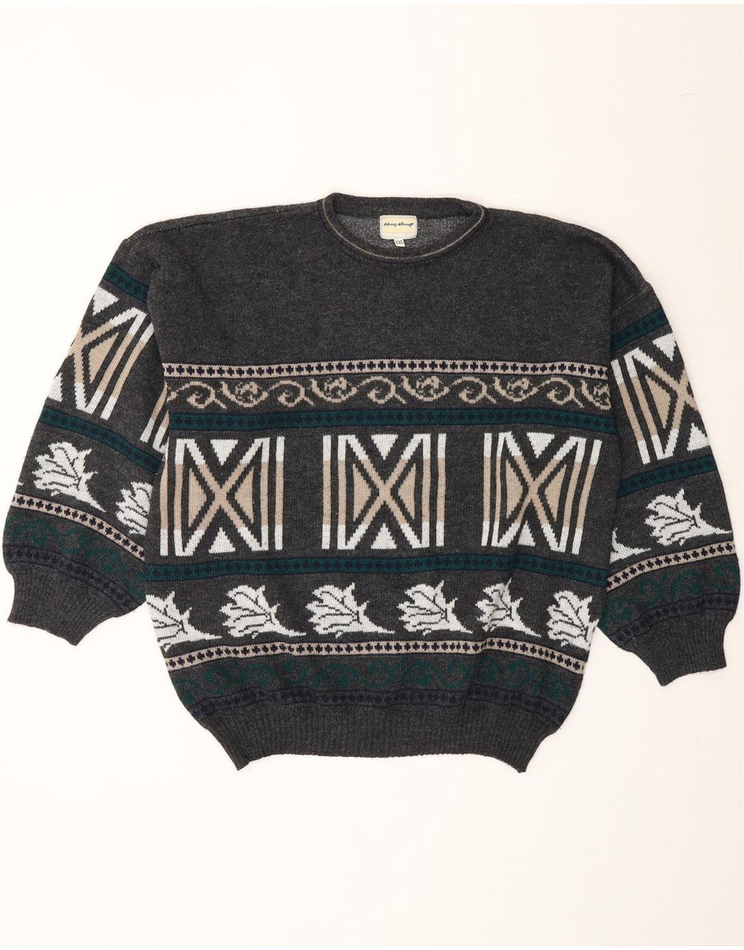 HENRY MORELL Mens Crew Neck Jumper Sweater 2XL Grey Geometric Polyacrylic Vintage Henry Morell and Second-Hand Henry Morell from Messina Hembry 