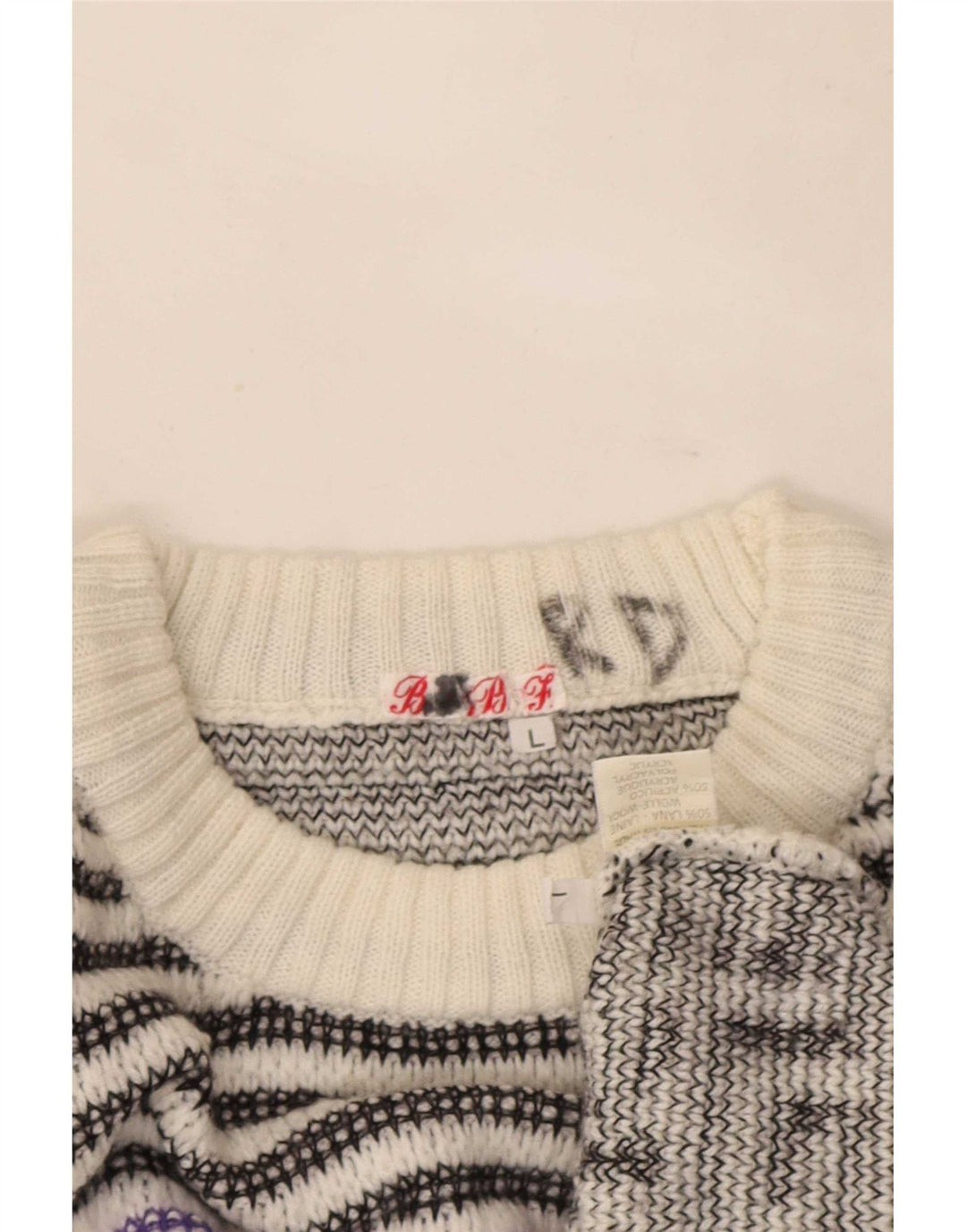 Vintage Mens Crew Neck Jumper Sweater Large White Geometric Wool