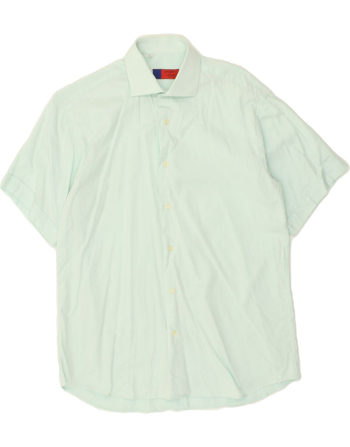 UNGARO Mens Short Sleeve Shirt Size 15 1/2 39 Medium Turquoise Cotton Vintage Ungaro and Second-Hand Ungaro from Messina Hembry 