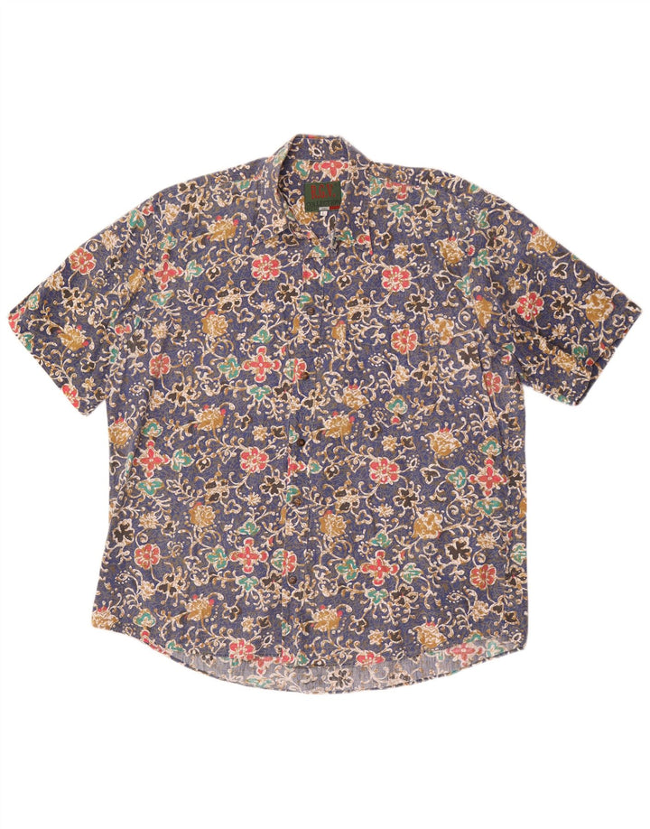 Cămașă vintage pentru bărbați cu mânecă scurtă, mare, albastră, florală
