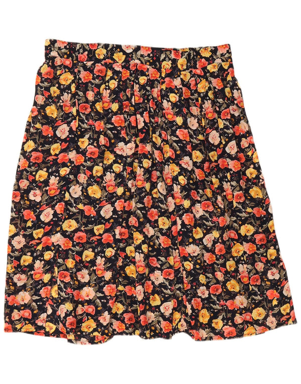 Fusta plisată cuțit vintage pentru femei W36 XL, viscoză florală neagră
