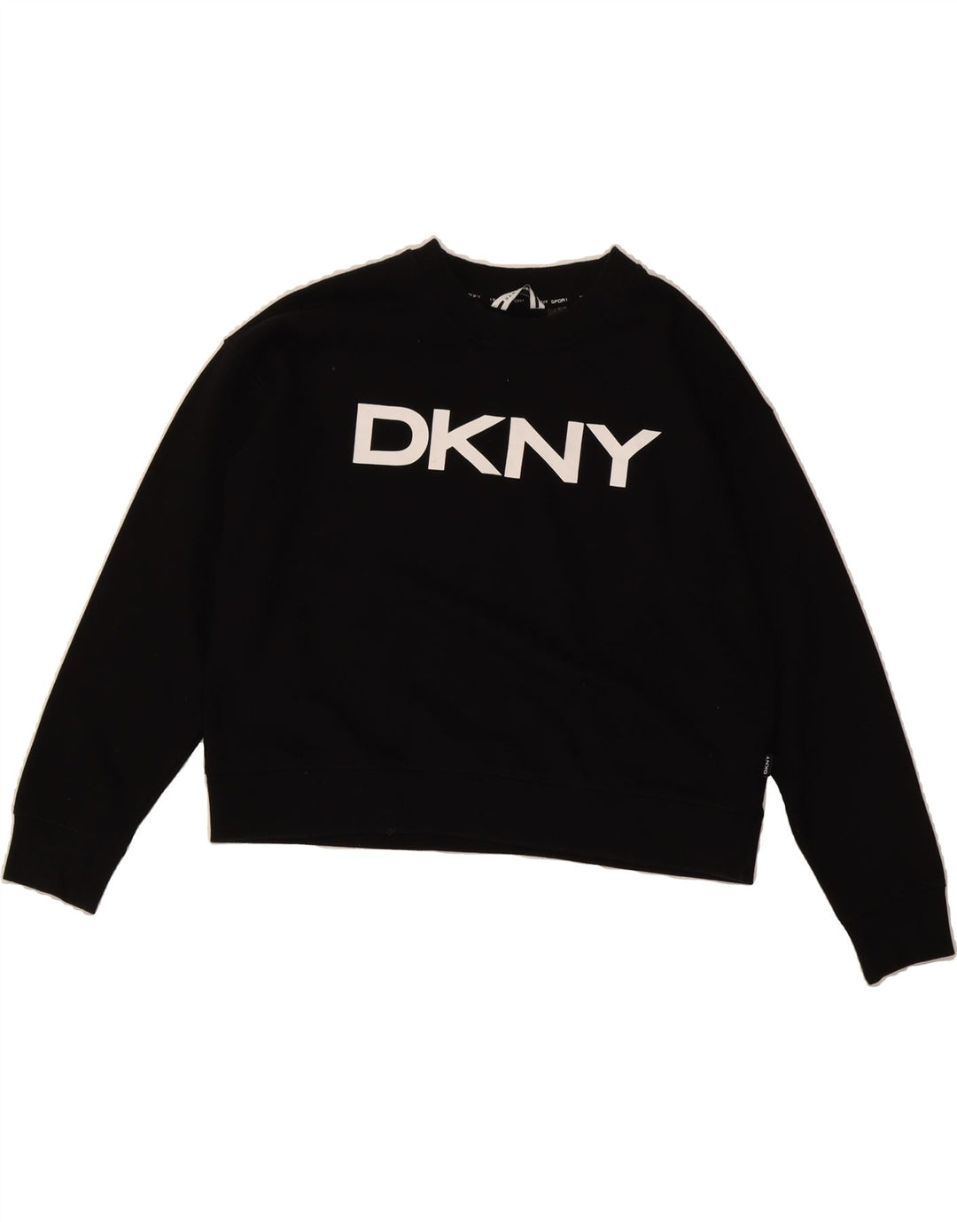 DKNY Womens Crop Graphic Sweatshirt Jumper UK 14 Medium Black Cotton Vintage Dkny and Second-Hand Dkny from Messina Hembry 