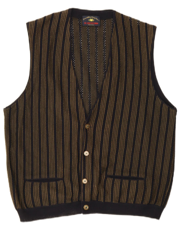 Il Granchio Mens Sleeveless Cardigan Sweater Medium Khaki Striped Wool