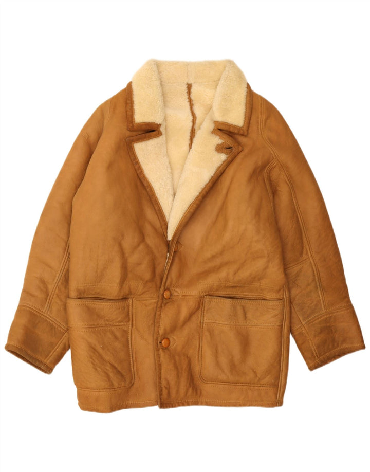 Jachetă vintage bărbătească din shearling UK 40 mare maro piele