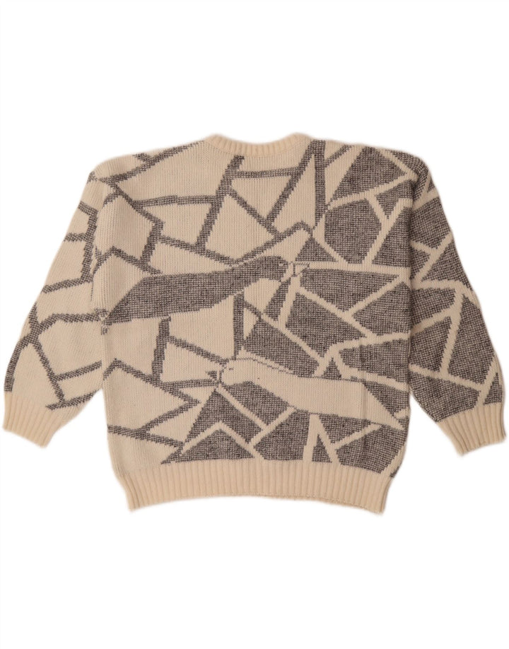 Pulover vintage pentru femei cu gât de barcă EU 38 Medium Alb catifelat Geometric