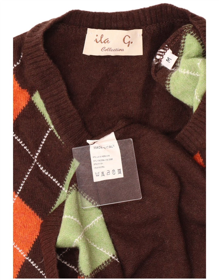 Pulover VINTAGE pentru femei cu decolteu în V UK 12 Maro Mediu Argyle/Diamond
