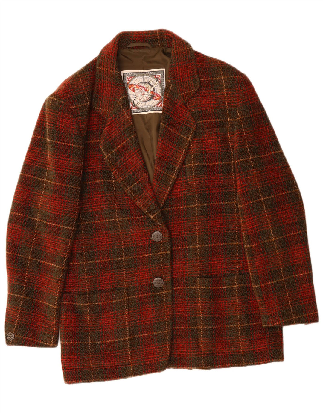 Jachetă pentru femei VINTAGE cu 2 nasturi, US 10, mare, roșu, cu carouri acrilice