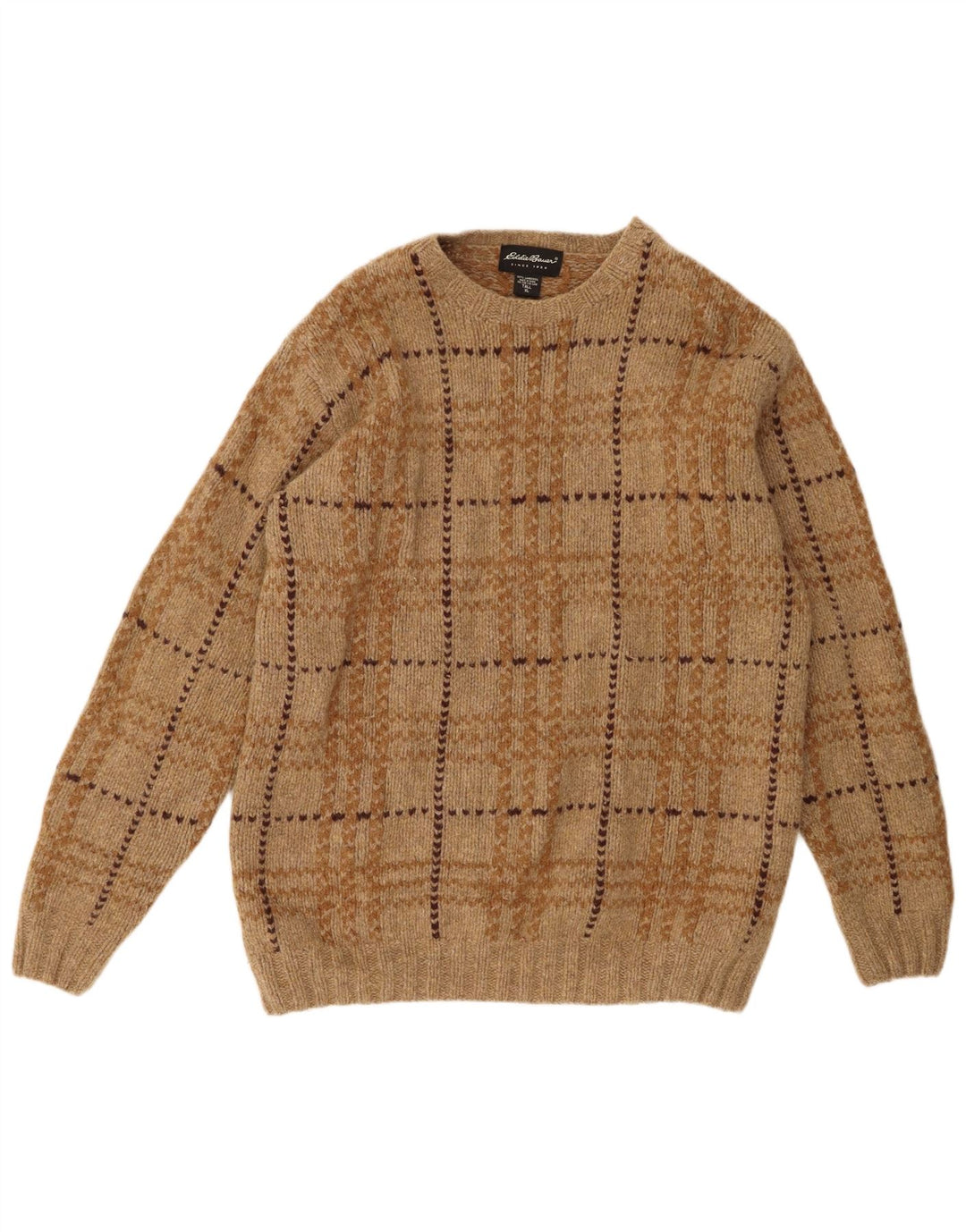 Eddie Bauer Pulover pentru bărbați cu gât roșu, XL, lână de miel cu carouri maro
