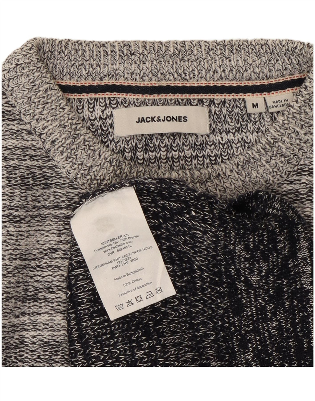 Pulover Jack & Jones pentru bărbați cu gât roșu, bumbac cu dungi, gri mediu