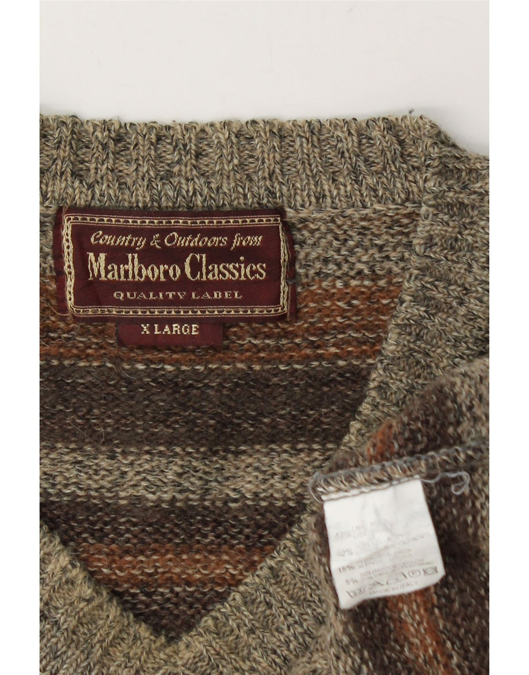 MARLBORO CLASSICS Pulover cu decolteu în V pentru bărbați XL Lână cu dungi maro