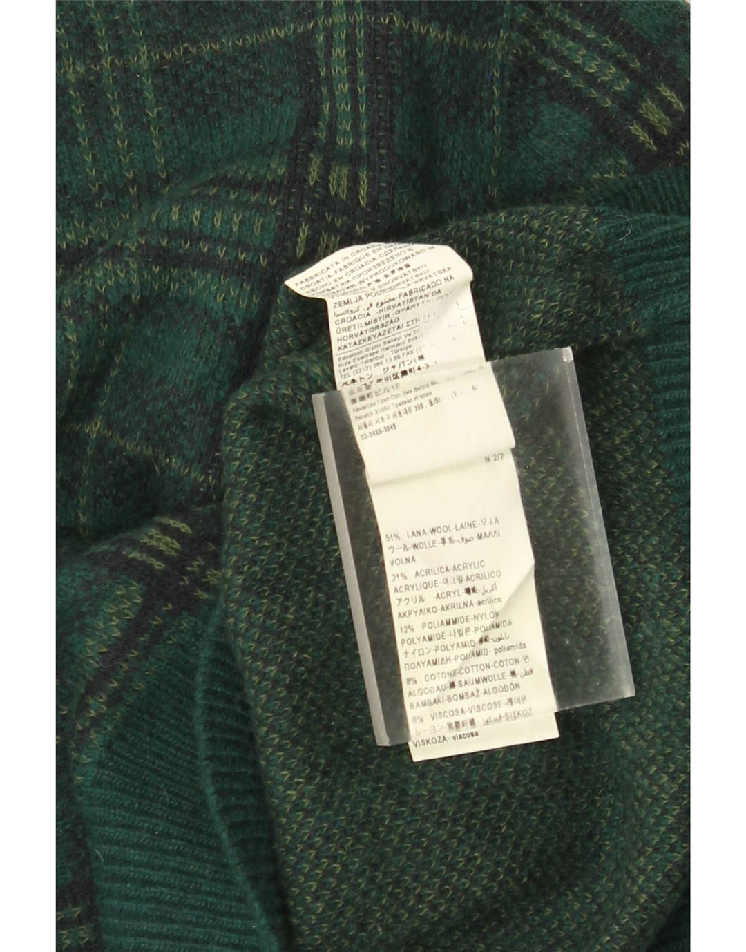 Pulover Benetton pentru bărbați, cu gât crew, XL, lână verde check
