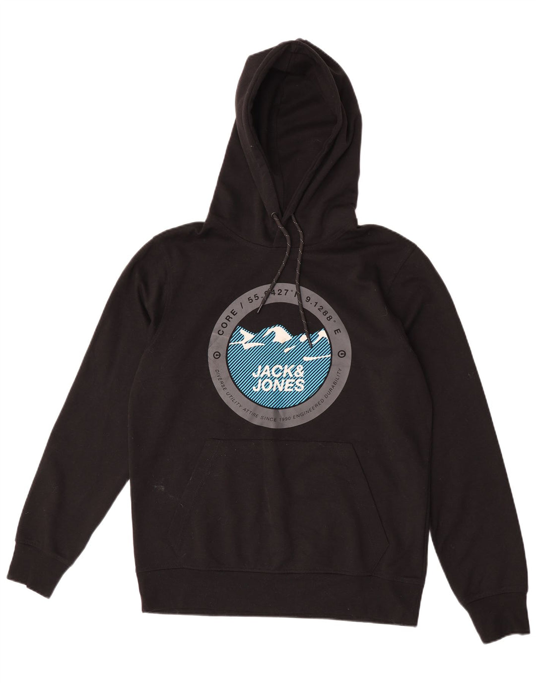Jack & Jones Pulover cu glugă grafic pentru bărbați, poliester mediu negru