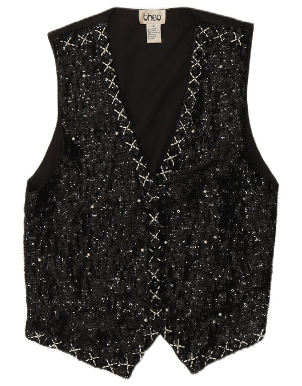 Vestă cu paiete pentru femei VINTAGE UK 14 bumbac mediu negru anii 80