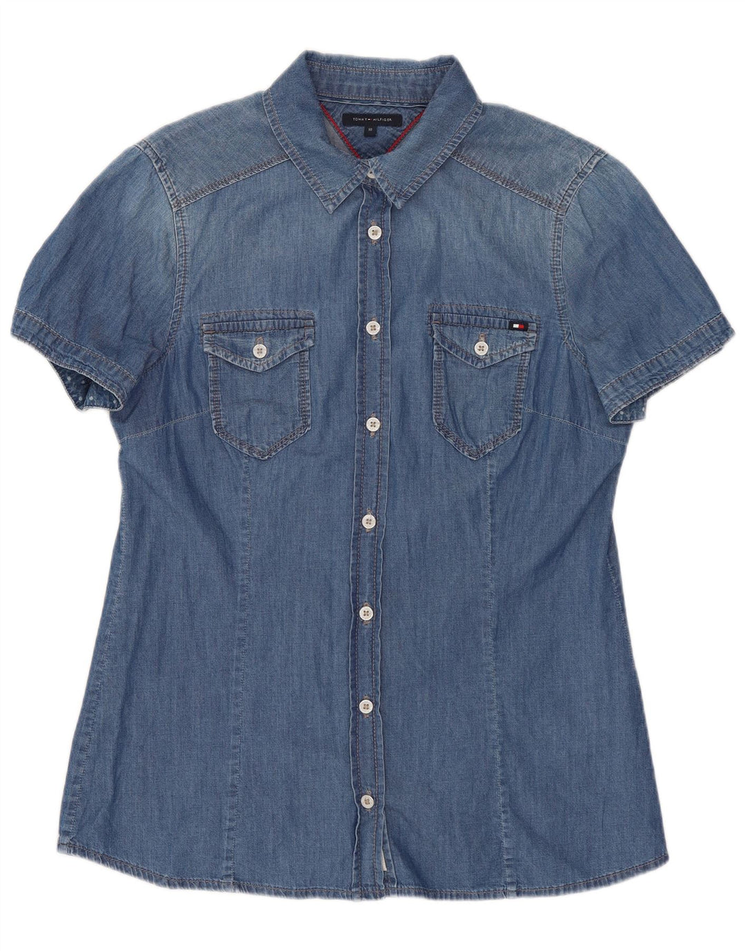 Cămașă de denim cu mânecă scurtă pentru femei Tommy Hilfiger US 10, bumbac albastru mare