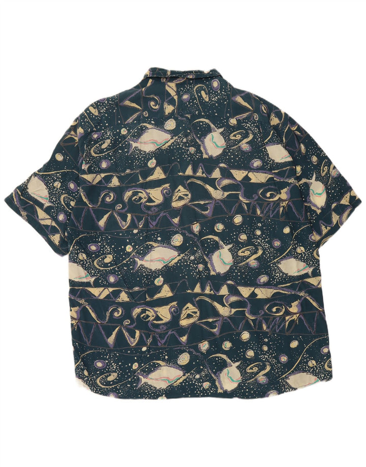 Cămașă cu mânecă scurtă pentru bărbați de epocă, cu model abstract, XL, albastru, viscoză, retro