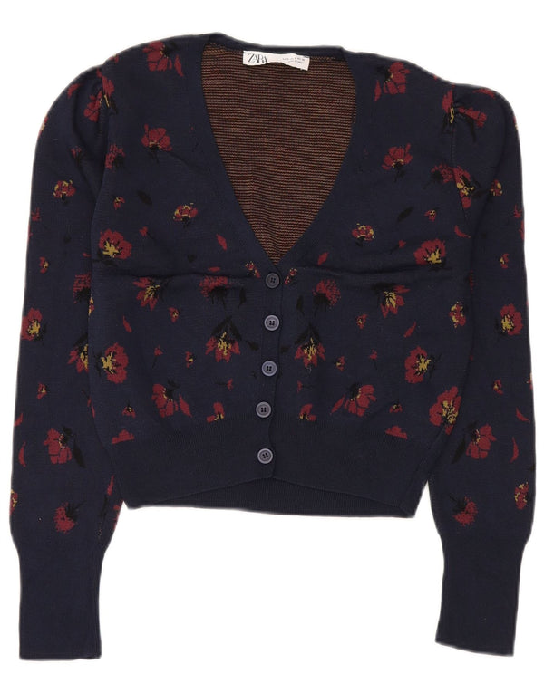 Pulover cardigan pentru femei ZARA UK 10 mic, albastru marin, cu flori din poliamidă