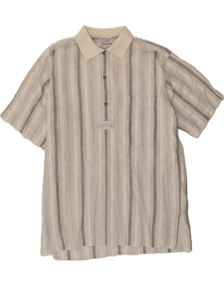 VINTAGE Mens Polo Shirt Large Grey Striped Cotton Vintage Vintage and Second-Hand Vintage from Messina Hembry 