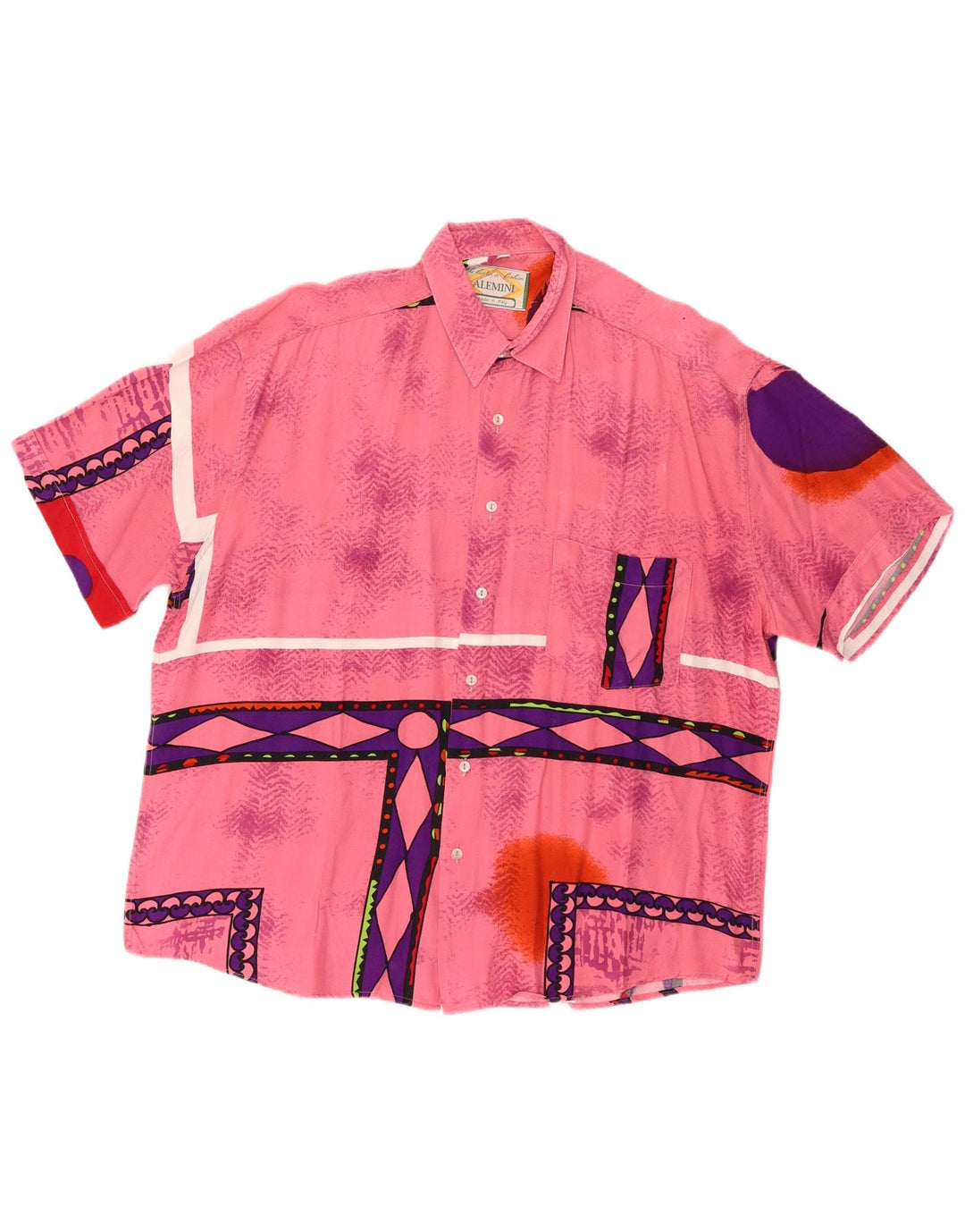 Cămașă vintage pentru bărbați cu mânecă scurtă, mare, roz geometrică, viscoză