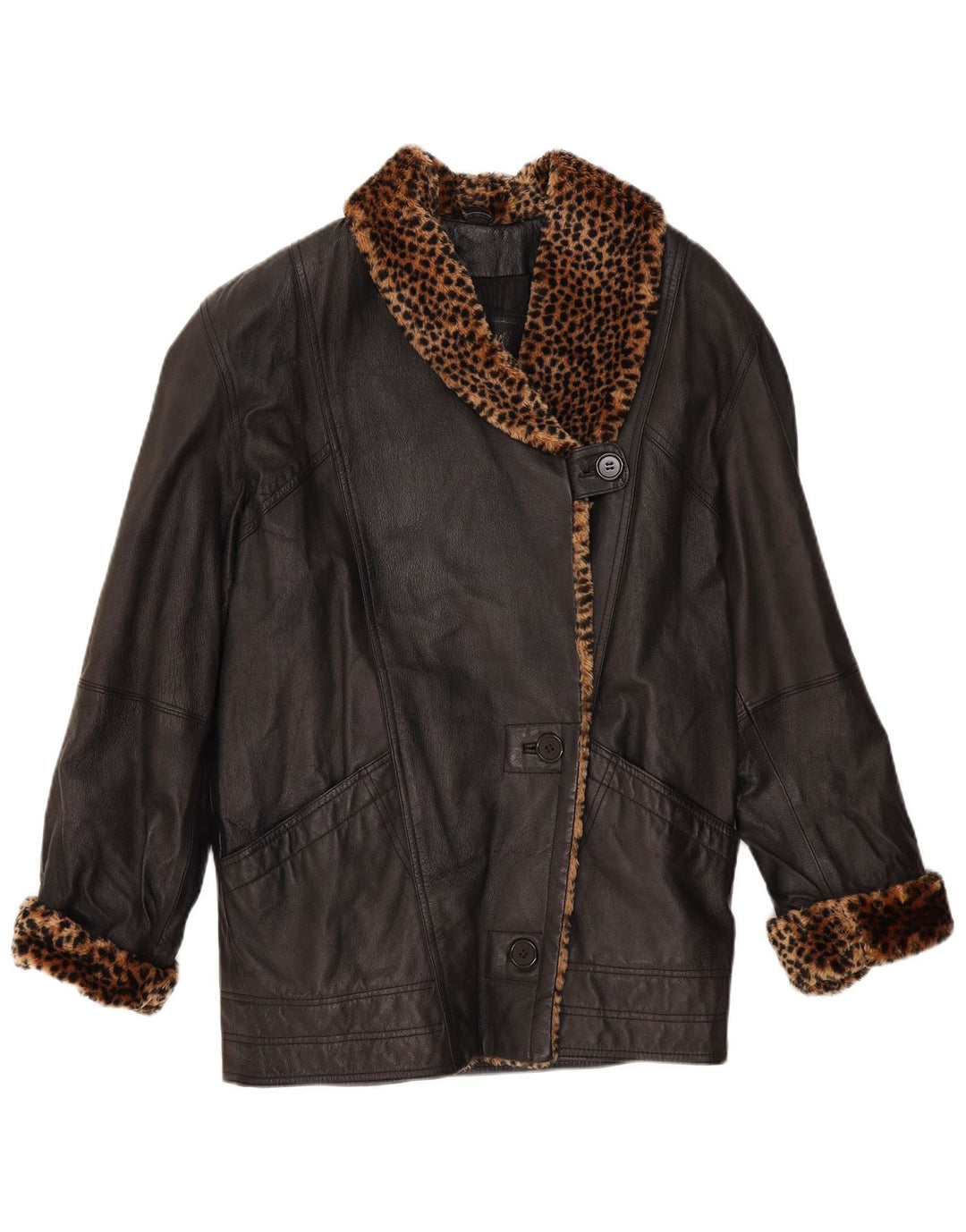 Palton de piele supradimensionat pentru femei VINTAGE UK 10 mic negru cu imprimeu animal