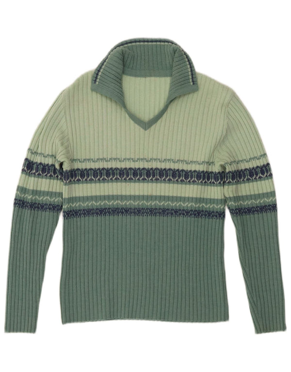 Pulover vintage pentru fete cu gât polo, 11-12 ani, lână verde Fair Isle