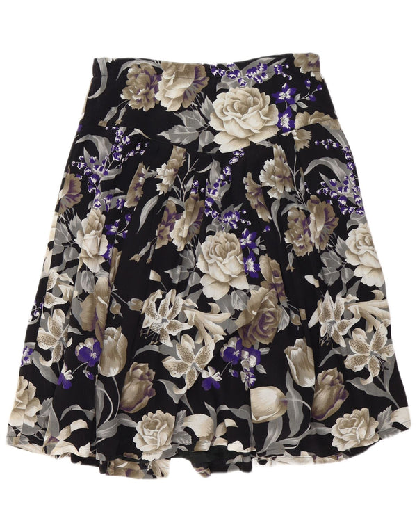 Vintage Womens High Waist Pleated Skirt EU 44 XL W34 Black Floral Viscose