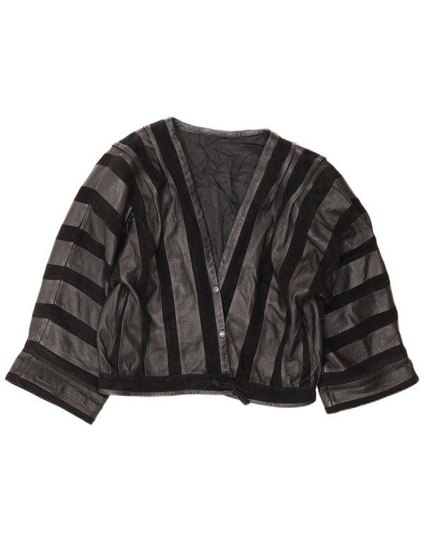 Jachetă Bomber din piele vintage pentru femei UK 14 Medium Negru cu dungi din piele